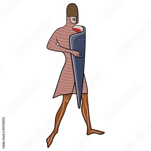 Standing medieval knight wearing chain mail and a helmet.