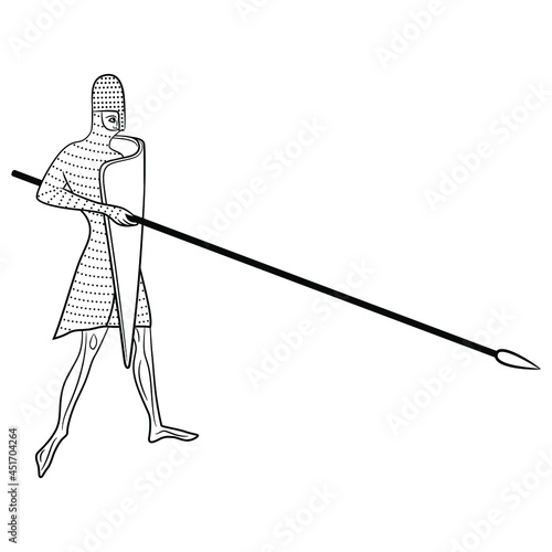 Standing medieval knight in chain mail and a helmet holding long spear or lance. Black and white linear silhouette.