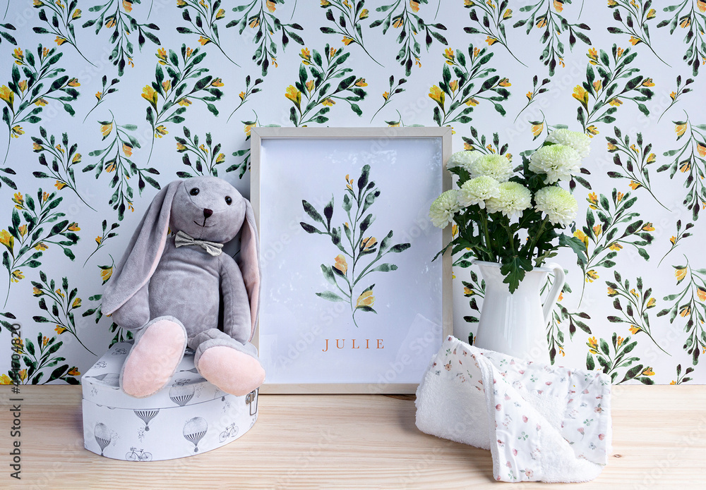 Frame and Wallpaper Baby Room Mockup Stock Template | Adobe Stock