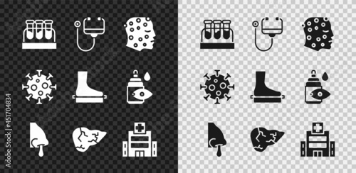 Set Test tube with blood, Stethoscope, Psoriasis or eczema rash, Runny nose, Hepatitis virus, Medical hospital building, Virus and Flat foot icon. Vector