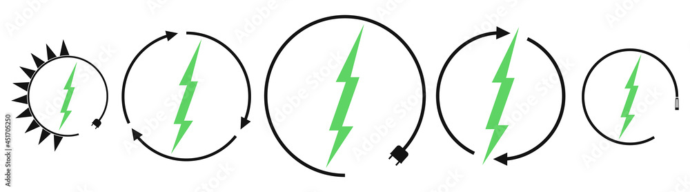 Electric car charging and renewable energy icons, graphic design template, lightning bolt, vector illustration Electric car charging and renewable energy icons, graphic design template, lightning bolt, vector illustration
