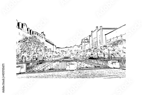 Building view with landmark of Karlovy Vary is the city in the Czech Republic. Hand drawn sketch illustration in vector.