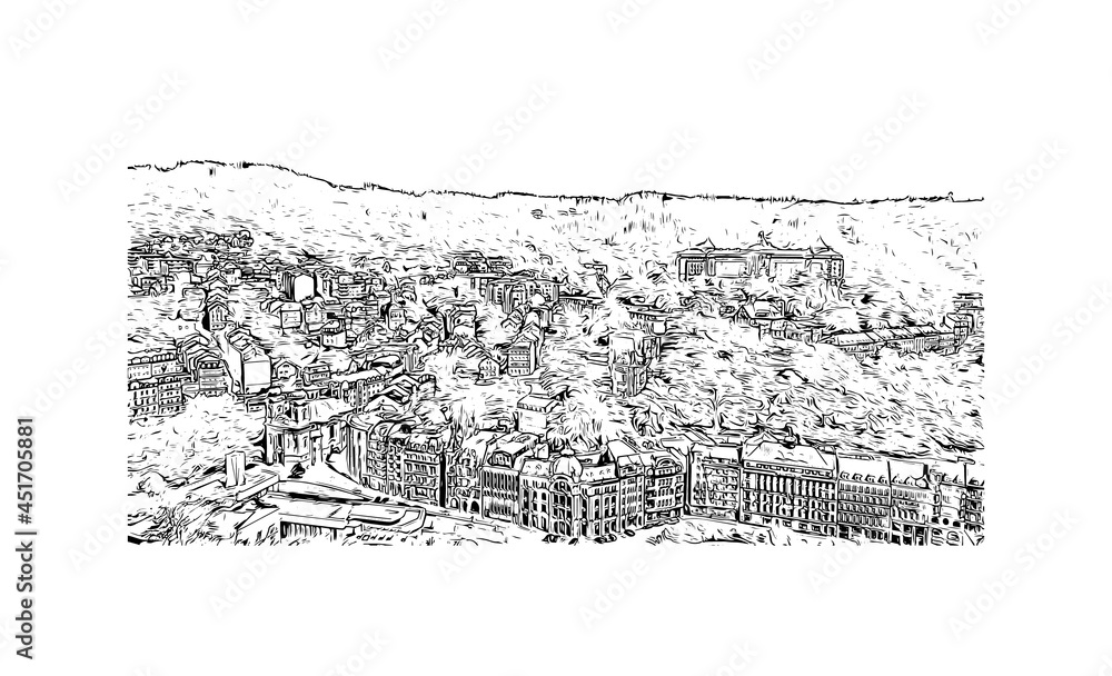 Building view with landmark of Karlovy Vary is the 
city in the Czech Republic. Hand drawn sketch illustration in vector.