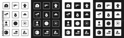 Set UFO flying spaceship, Robot, Telescope, Astronaut helmet, Ray gun, Solar system and Joystick icon. Vector