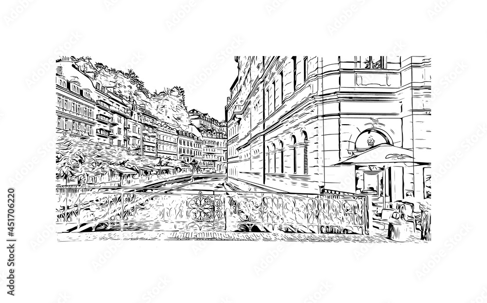 Building view with landmark of Karlovy Vary is the 
city in the Czech Republic. Hand drawn sketch illustration in vector.