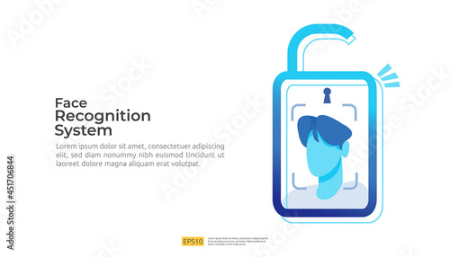 Face recognition system scanning on smartphone. facial biometric data identification security. web landing page template, banner, presentation, social, poster, ad, promotion or print media.