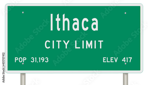 Rendering of a green New York highway sign with city information