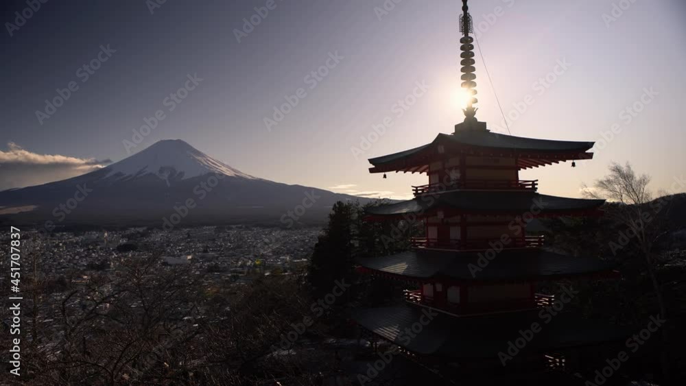 Japanese landscape of beautiful Chureito red Pagoda and Mt. Fuji with snow cover on the top in the winter. Fujiyoshida landmark travel place at Japan-Dan Japanese landscape of beautiful Chureito red Pagoda and Mt. Fuji with snow cover on the top in the winter. Fujiyoshida landmark travel place at Japan-Dan