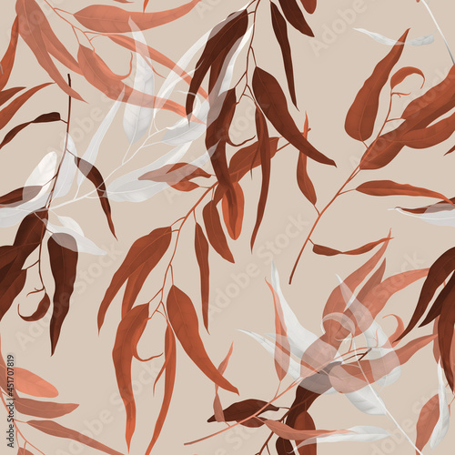 Foliage seamless pattern, brown eucalyptus leaves on bright brown
