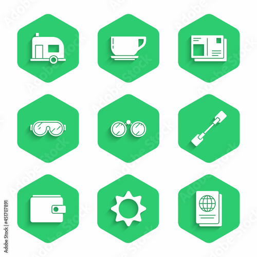 Set Binoculars, Sun, Passport, Paddle, Wallet, Ski goggles, with visa stamp and Rv Camping trailer icon. Vector