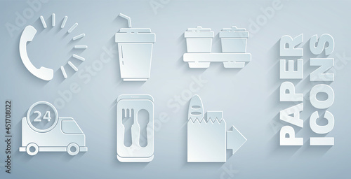 Set Online ordering and delivery, Coffee cup to go, Fast by car, and Food icon. Vector