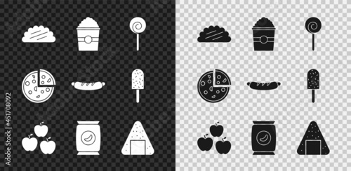 Set Taco with tortilla, Popcorn in box, Lollipop, Apple, Bag packet potato chips, Onigiri, Pizza and Hotdog sandwich icon. Vector