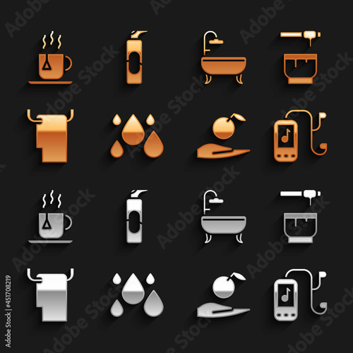 Set Water drop, Honey dipper stick and bowl, Music player, Apple in hand, Towel hanger, Bathtub, Cup of tea with tea bag and Spray can for hairspray icon. Vector
