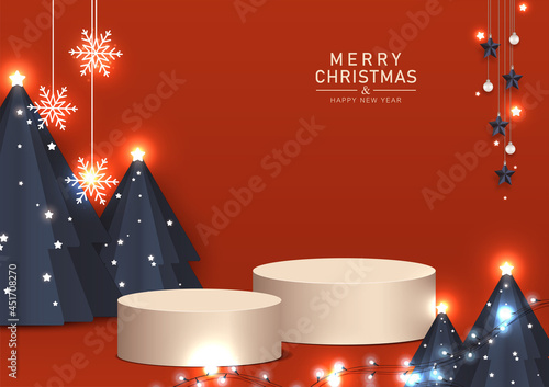 Abstract Christmas day backdrop. Circle stage podium decor with trees, snowflakes, ball, stars is hanging, light on a red background. Pedestal scene with for product display, show.Vector illustration.