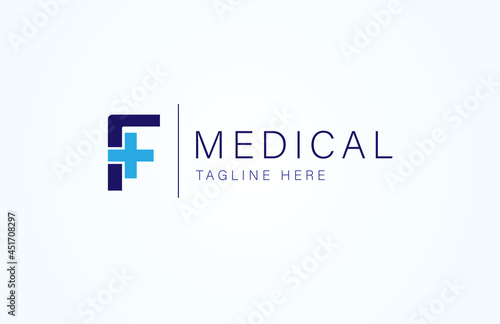 Medical logo, letter F with medical cross icon combination, cross logo design template, vector illustration