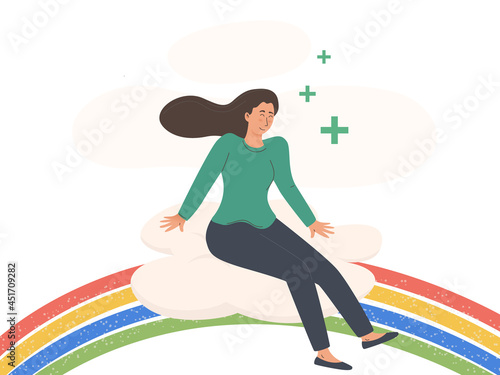 Young woman sitting on a rainbow Body positive and health care concept photo