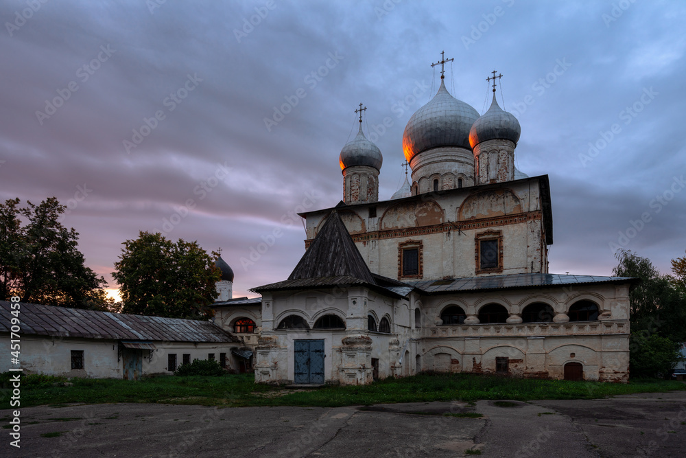 View of the Znamensky Cathedral on an early cloudy summer morning, Veliky Novgorod, Russia