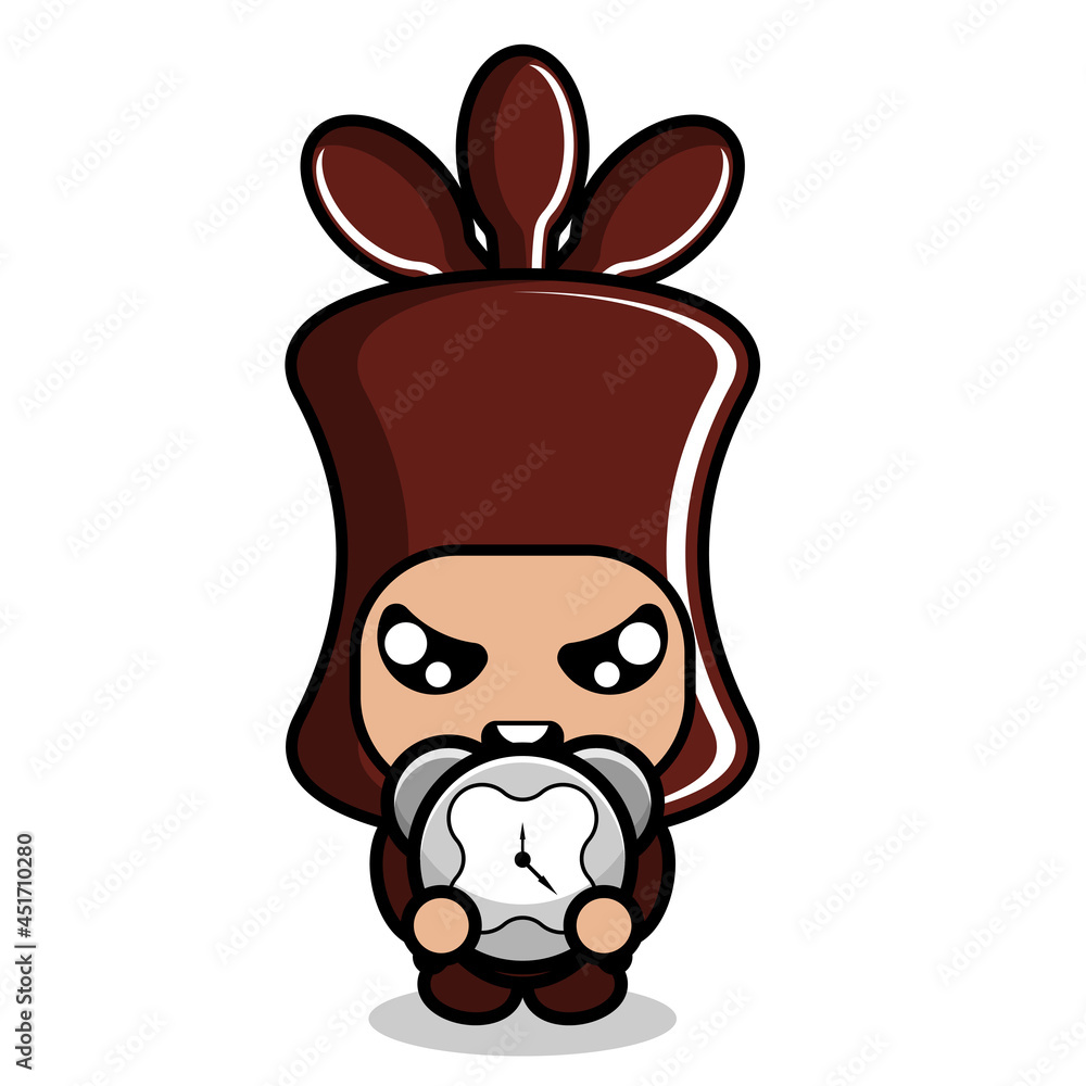 cartoon cute chocolate candy roll mascot costume character holding clock cartoon cute chocolate candy roll mascot costume character holding clock