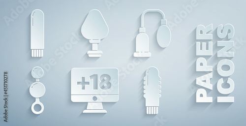 Set Monitor with 18 plus content, Penis pump, Anal beads, Dildo vibrator, plug and icon. Vector