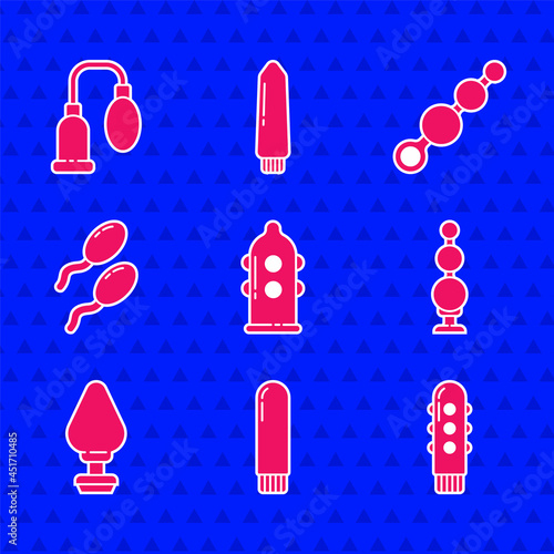 Set Condom, Dildo vibrator, Anal beads, plug, Sperm, and Penis pump icon. Vector