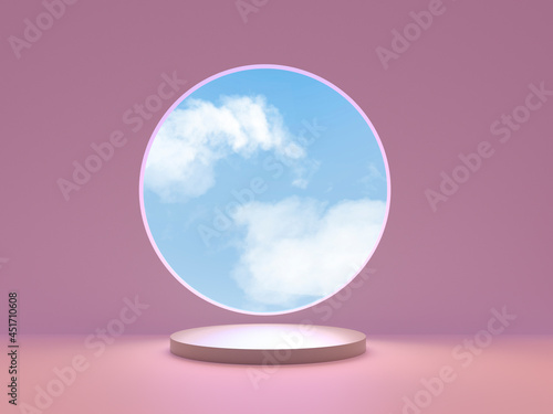 Cozy romantic pink podium with a window with a view of the sky with clouds. Illustration of the pedestal. 3D render