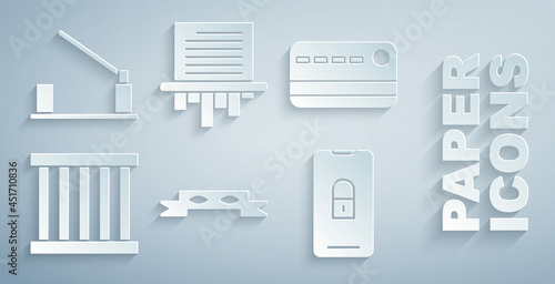 Set Thief eye mask, Credit card, Prison window, Mobile with closed padlock, Paper shredder and Parking barrier icon. Vector