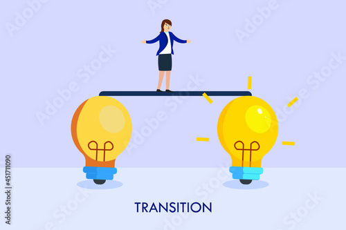 Business transition vector concept. Businesswoman walking from old to new shiny light bulb idea