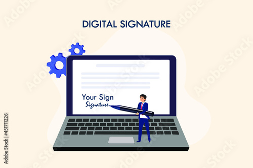 Business signature vector concept. Businessman writes an electronic signature in contract on the laptop screen