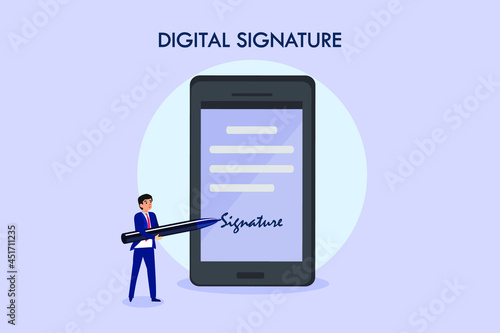 Business signature vector concept. Businessman writes an electronic signature in contract on mobile phone