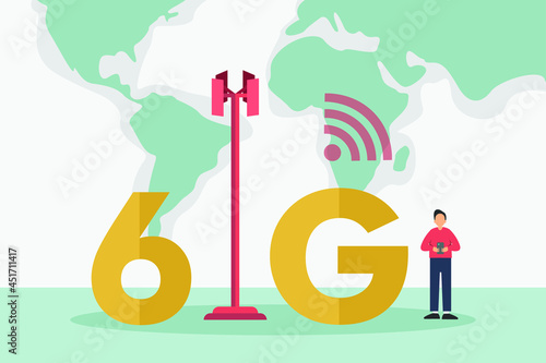 6G Connection vector concept: Young man using his mobile phone with 6G connection while standing with tower