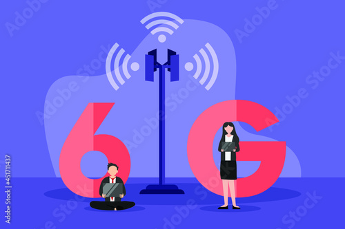 6g Connection vector concept: Young woman and man using their device with 6G connection 