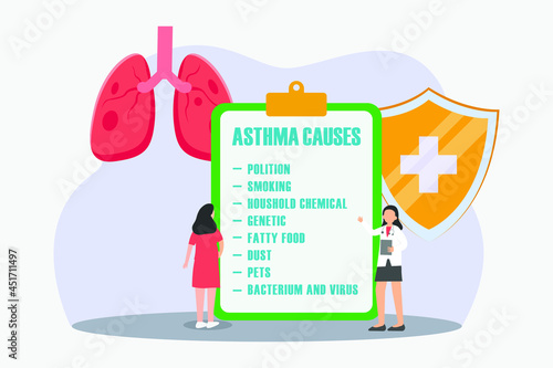 Asthma vector concept: Female doctor showing asthma causes to her patient while showing the clipboard