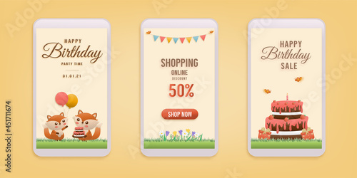 Online shop banners discount 50% jungle animals Birthday Theme. Celebration voucher Happy birthday. decorating with cake and fox paper cut, and papercraft style vector illustrator.