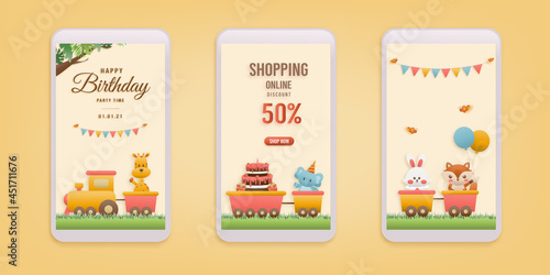 Online shop banners discount 50% jungle animals Birthday Theme. Celebration voucher Happy birthday. decorating with cake and fox paper cut, and papercraft style vector illustrator.