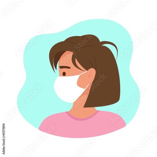 Profile of a woman in a protective medical mask, vector character in flat style.