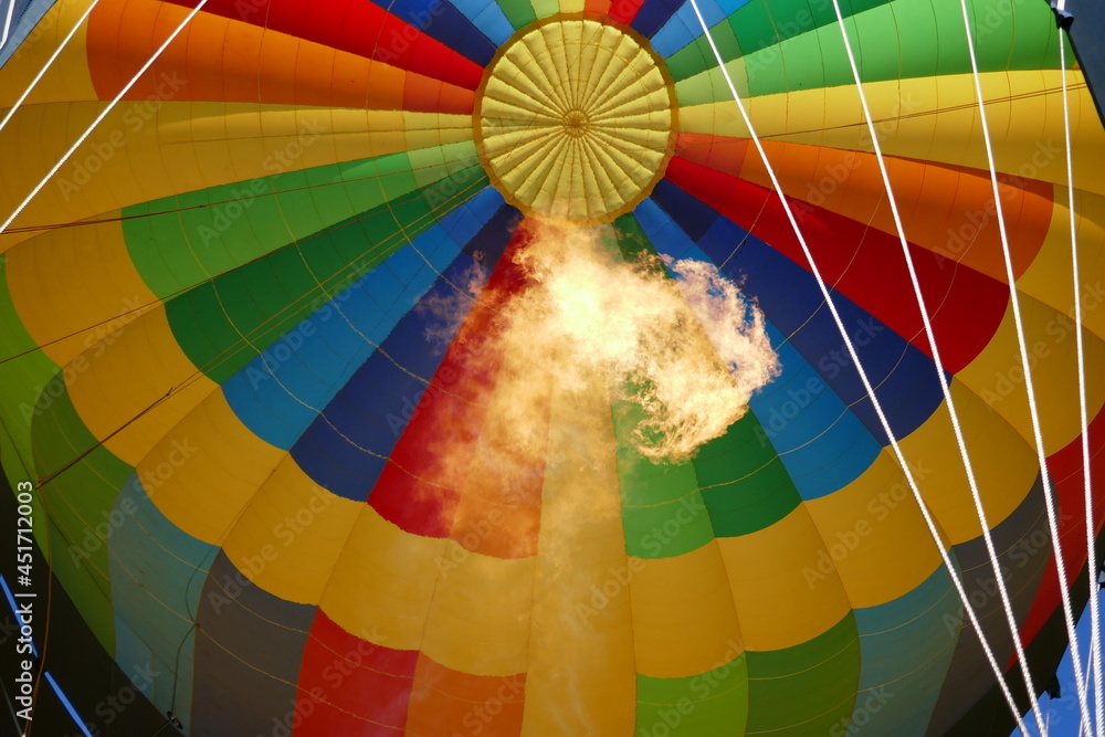 Obraz premium Hot air balloon view inside with flame blower inflating
