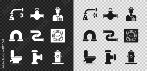Set Water tap, Industry pipe and valve, Plumber, Toilet bowl, metallic, Fire hydrant, and icon. Vector