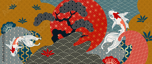 Luxury oriental style background vector. Japanese oriental line art with golden texture. Wallpaper design with Sakura flower, Ocean wave and koi carp fish. Vector illustration.