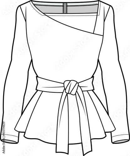 women's long sleeve blouse square neck peplum top with belted waist fashion flat sketch vector illustration