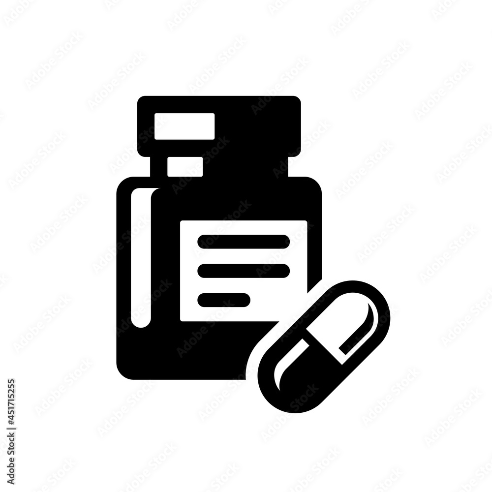 Flat vector illustration of silhouette icon of a medicine bottle and capsule. Suitable for design elements of medicine, drugstore and healthcare. Flat vector illustration of silhouette icon of a medicine bottle and capsule. Suitable for design elements of medicine, drugstore and healthcare.