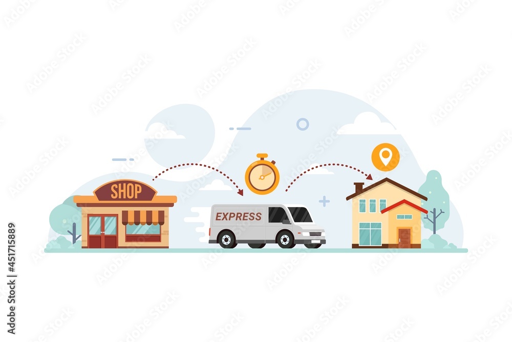 Delivery process with van from store to your home design concept vector illustration