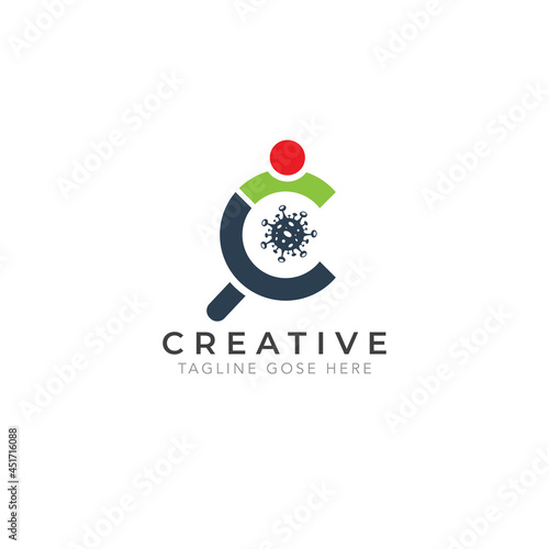 covid-19 corona virus logo, magnifying glass logo, premium vector initial letter c virus logo design template
