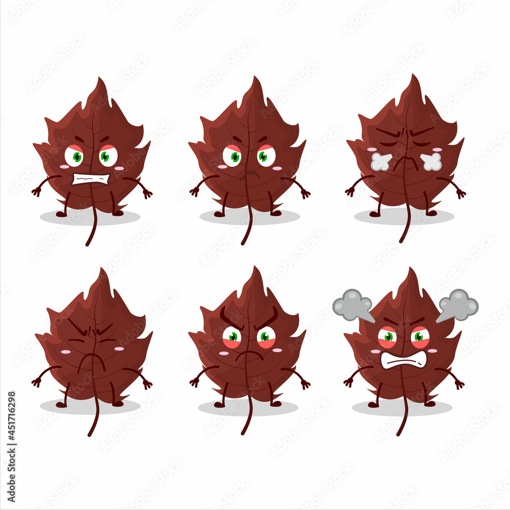Brown autumn leaf cartoon character with various angry expressions