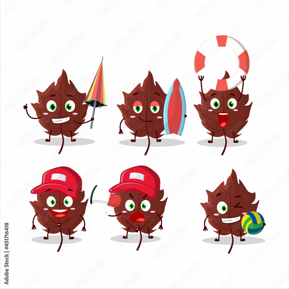 Happy Face brown autumn leaf cartoon character playing on a beach Happy Face brown autumn leaf cartoon character playing on a beach