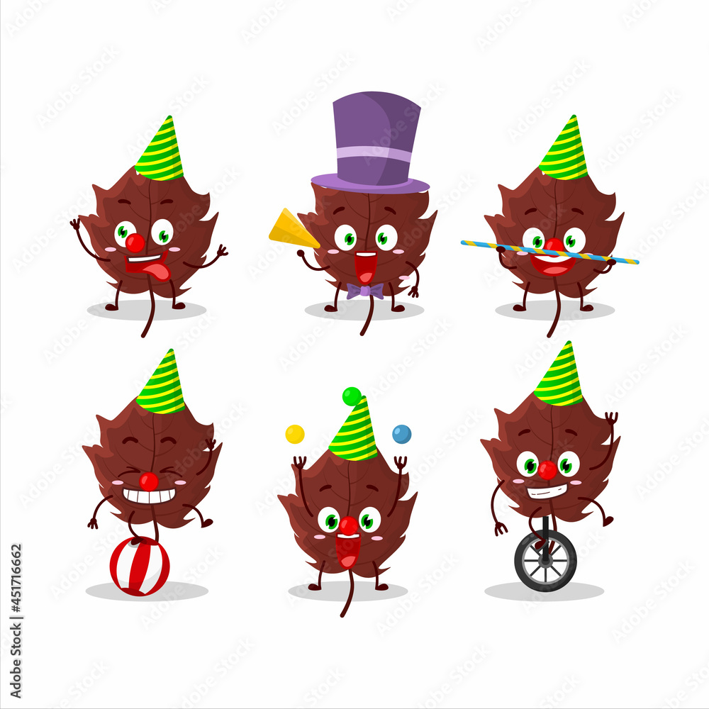 Cartoon character of brown autumn leaf with various circus shows