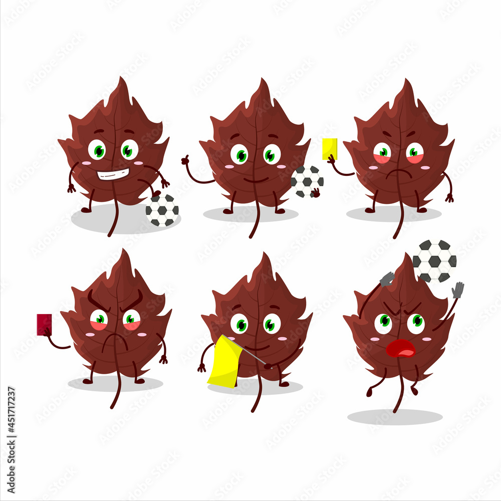 Brown autumn leaf cartoon character working as a Football referee