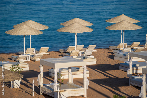 Luxury sand beach with beach chairs and white straw umbrellas in tropical resort in Red Sea coast in Egypt  Africa