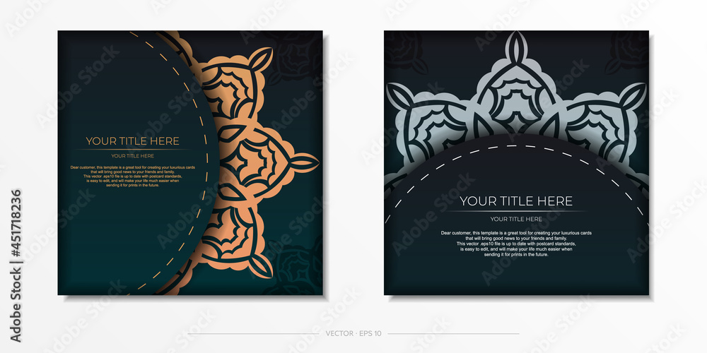 Presentable vector template for print design postcard dark green color with arabic patterns.