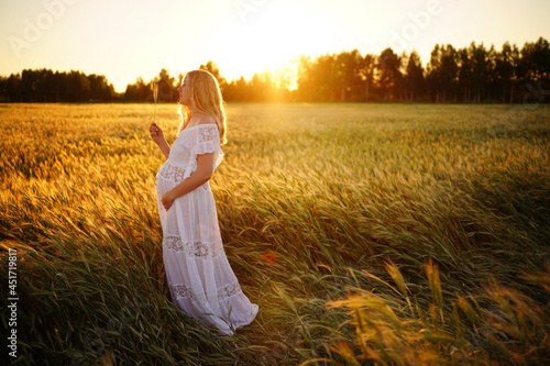 
pregnancy, people, rest, expectation concept, happy pregnant woman stands in the field and touches belly nature photo