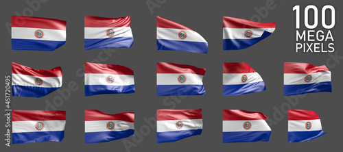 a lot of different realistic renders of Paraguay flag isolated on grey background - 3D illustration of object